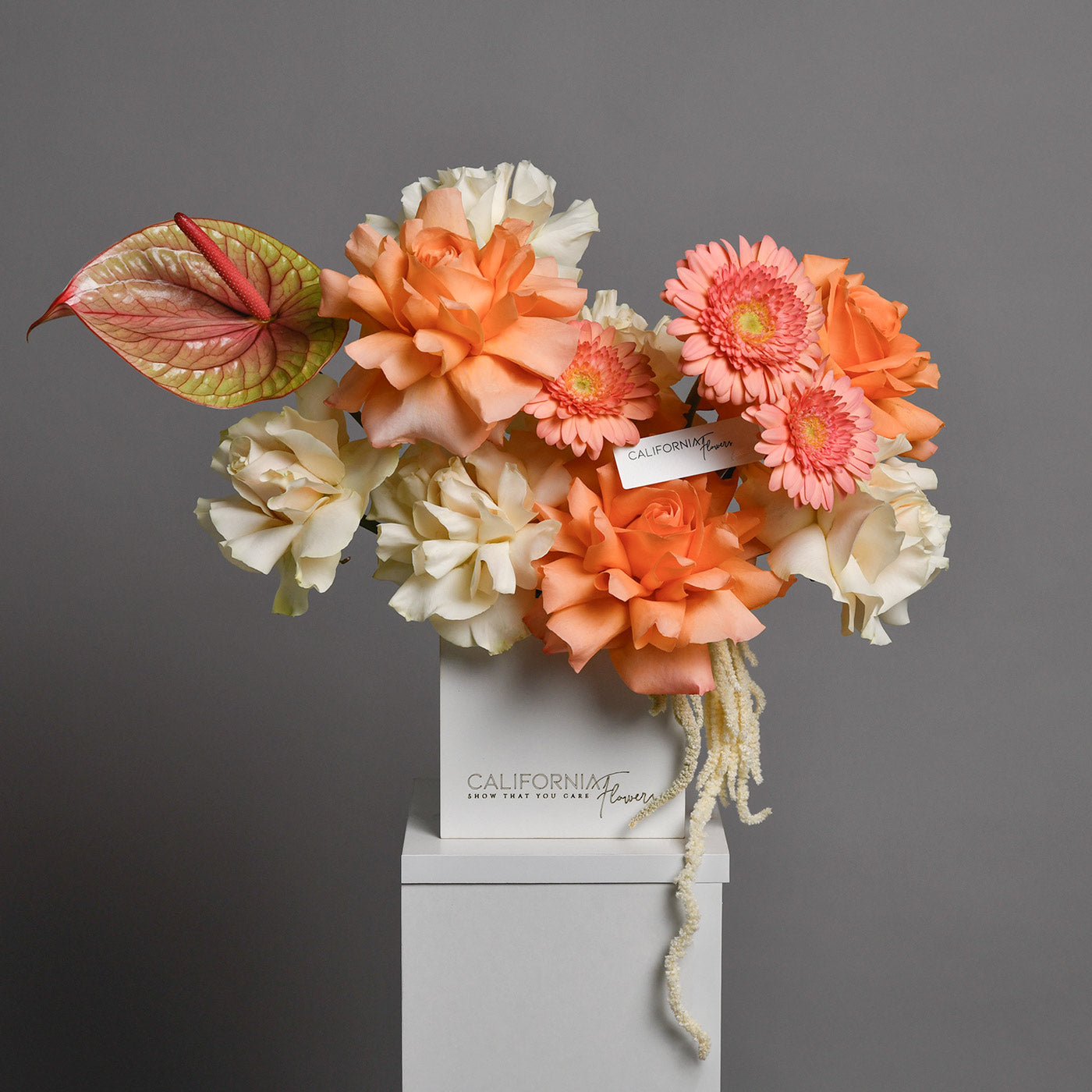 Aranjament floral in cutie cu gerbera si trandafiri peach, 3, californiaflowers.mom