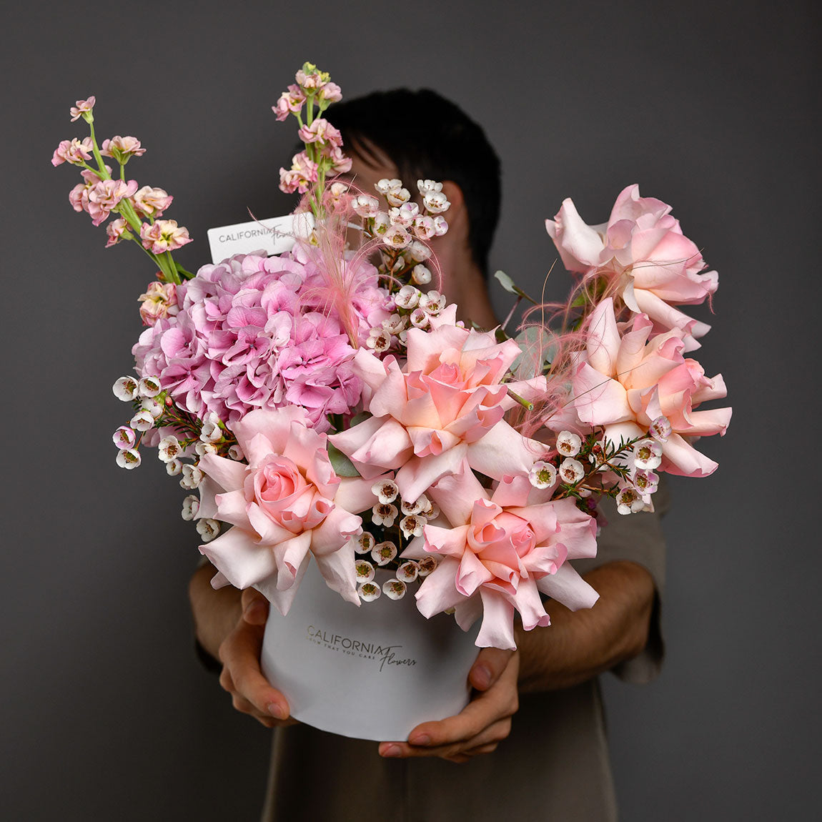 Florarie online - California Flowers ✅, Aranjament floral in cutie cu hortensie, trandafiri si matthiola, californiaflowers.mom