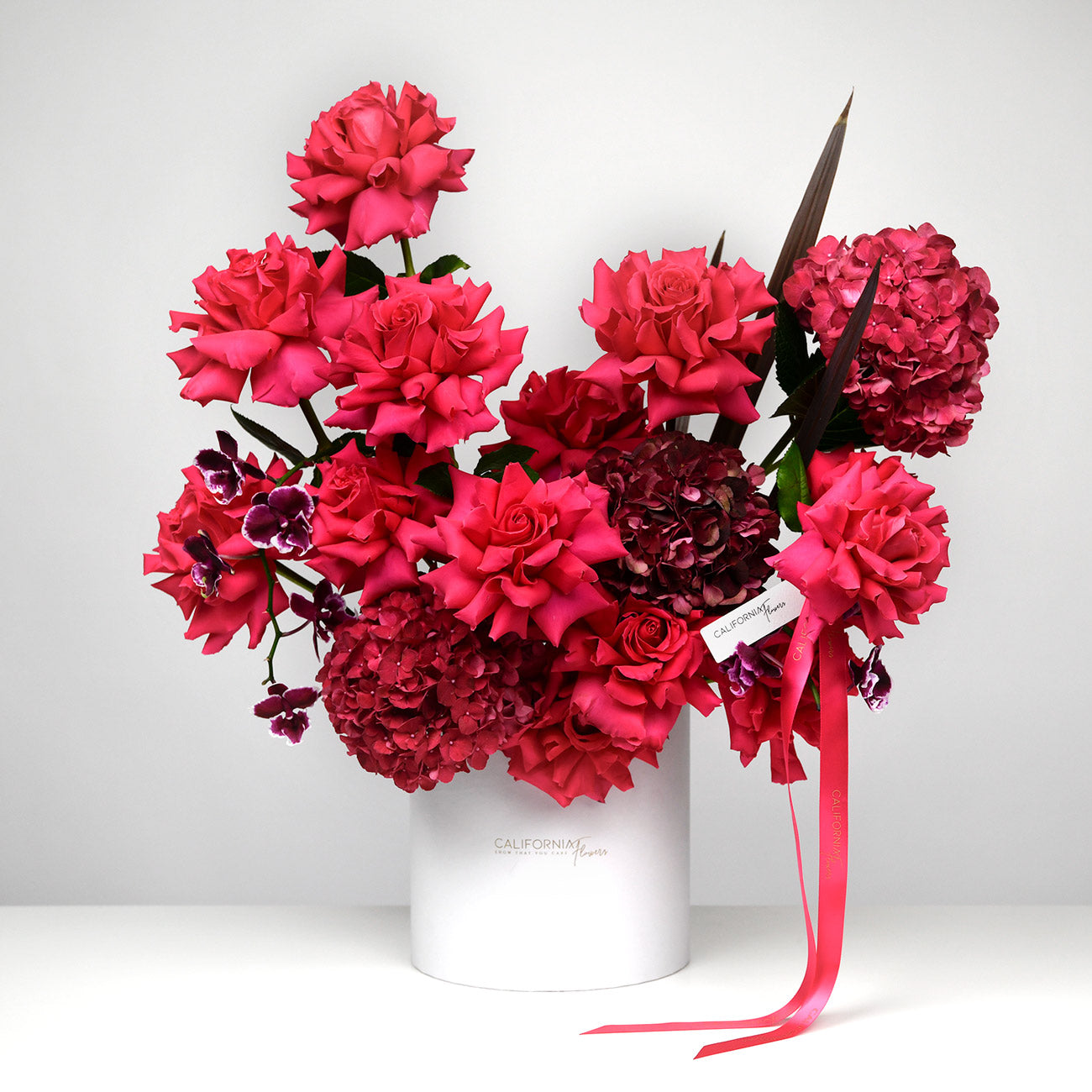 Flori de Paste - California Flowers, Aranjament floral in cutie cu phalaenopsis si hortensie, californiaflowers.mom