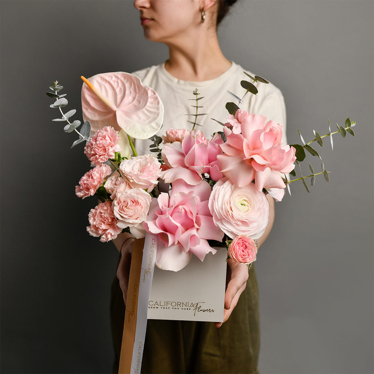 Flori de Paste - California Flowers, Aranjament floral in cutie cu anthurium, miniroze si ranunculus, californiaflowers.mom