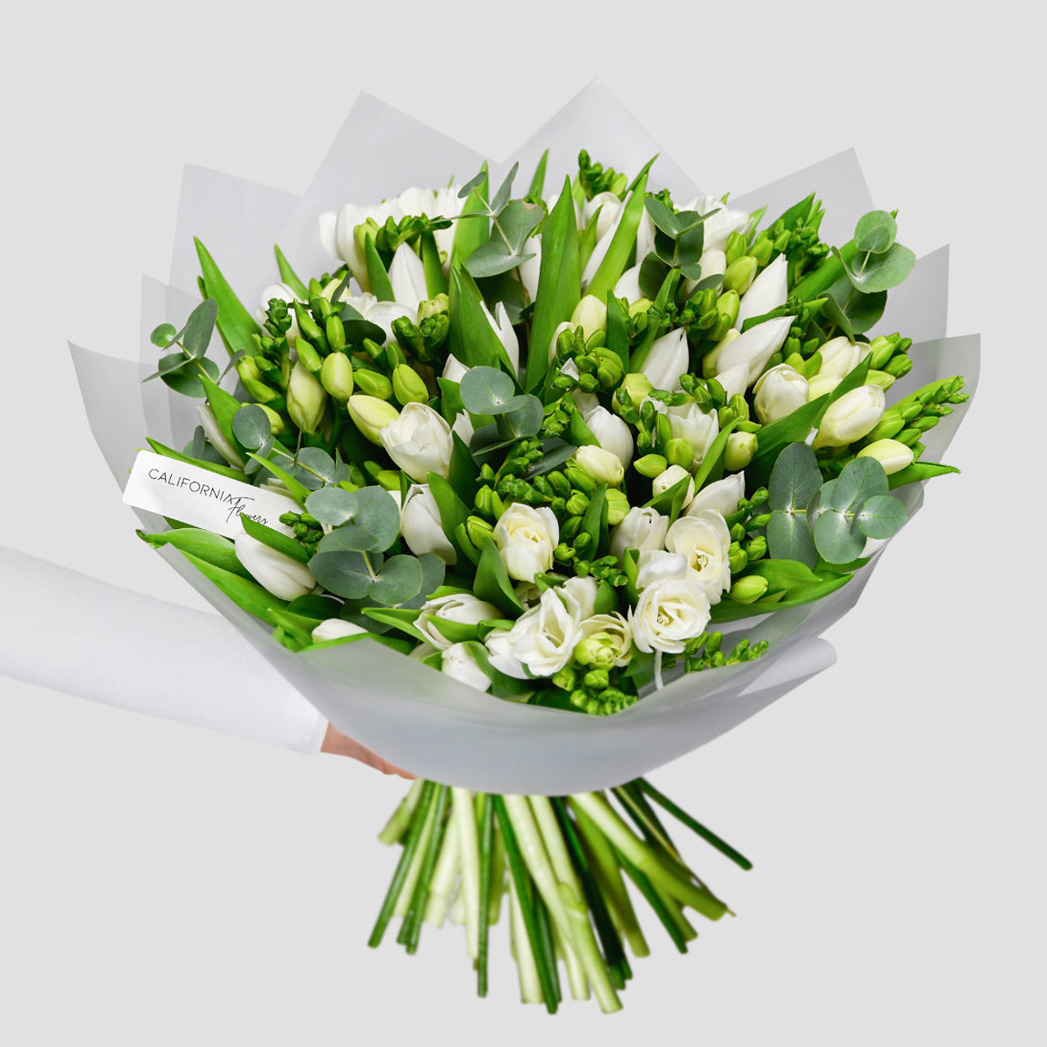 Flori de 1 Martie - California Flowers, Buchet lalele, frezii si eucalipt, californiaflowers.mom