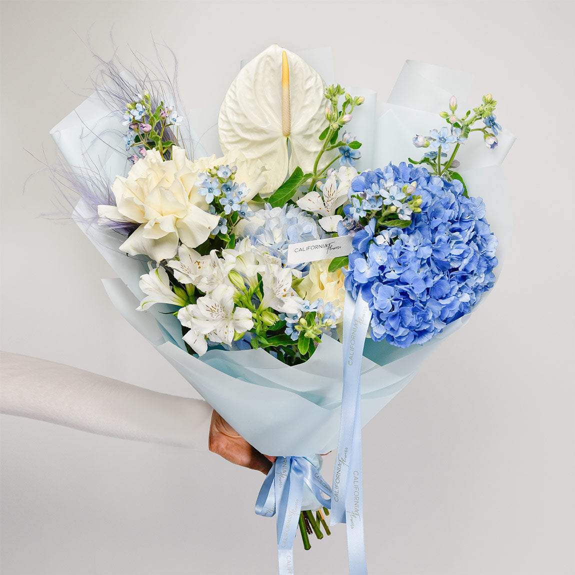 Aranjamente florale nou nascut - California Flowers, Buchet hortensie, anthurium si trandafiri speciali, californiaflowers.mom