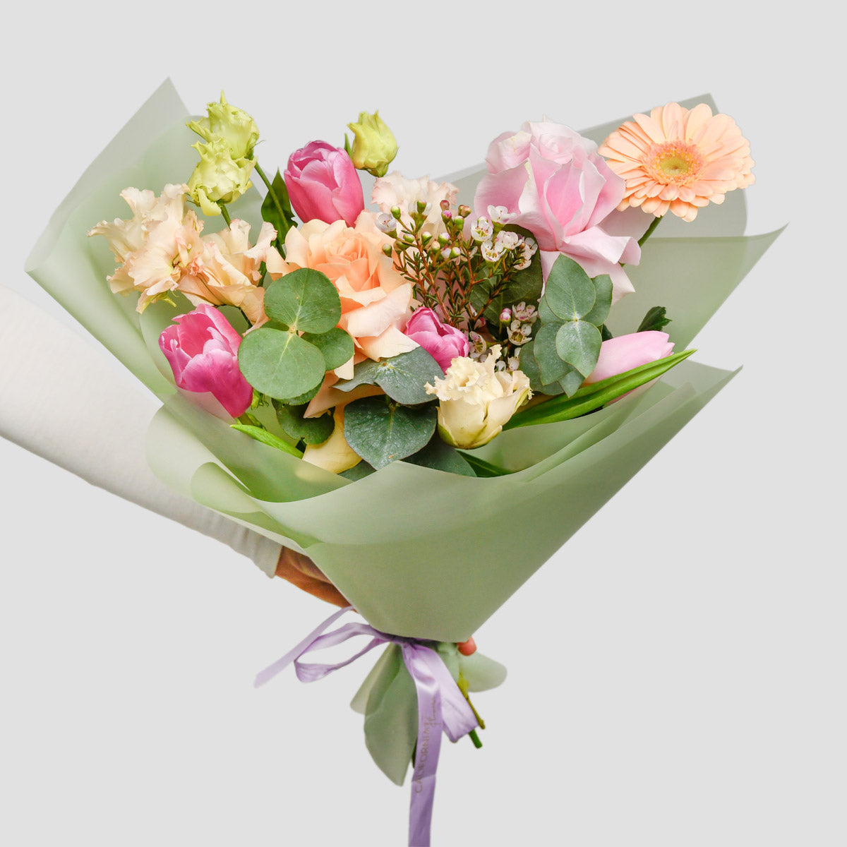 Flori de Paste - California Flowers, Buchet trandafiri roz, lalele, gerbera si lisianthus, californiaflowers.mom