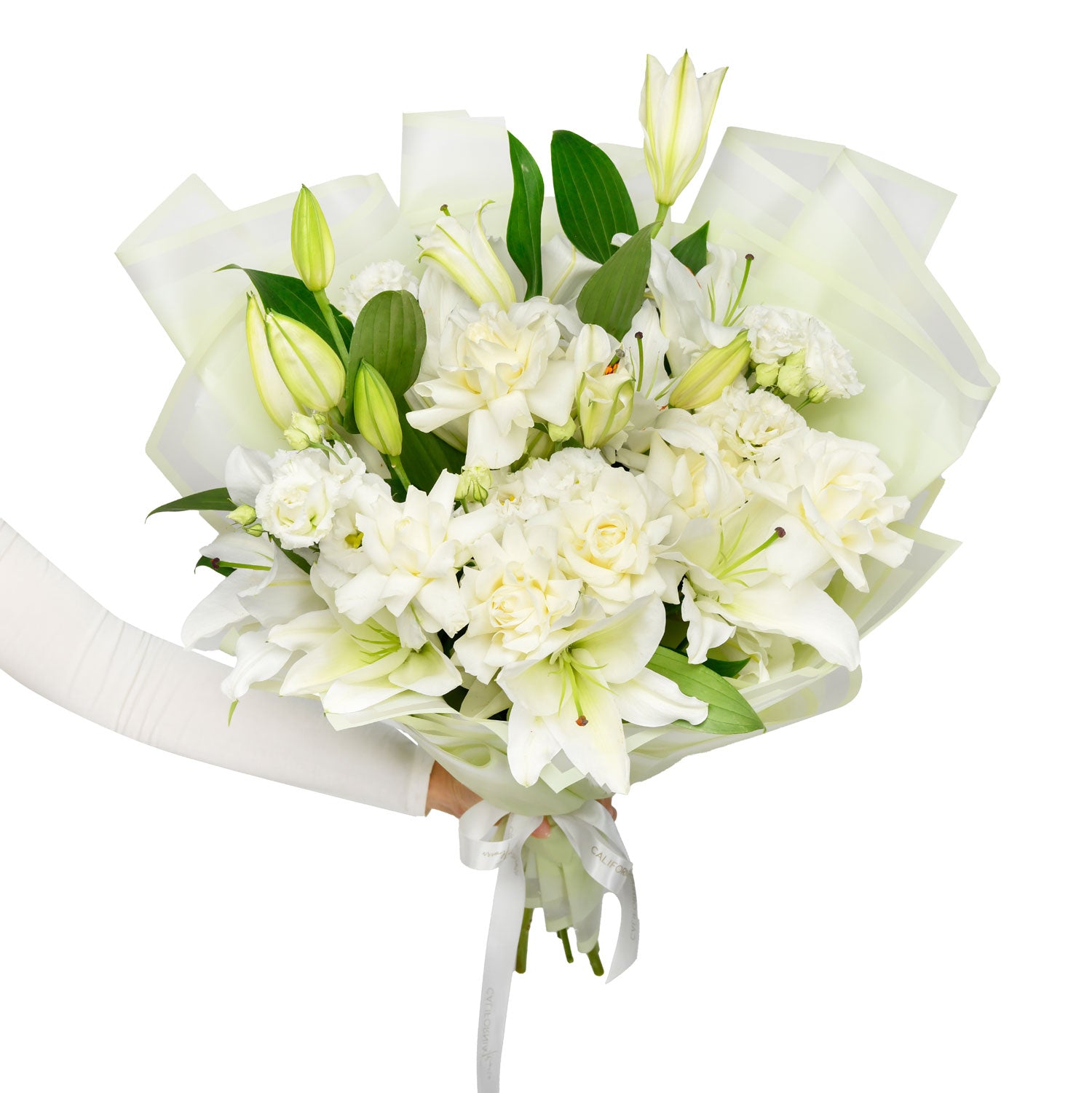 Flori de Sf. Maria - California Flowers, Buchet trandafiri albi si crini albi, californiaflowers.mom