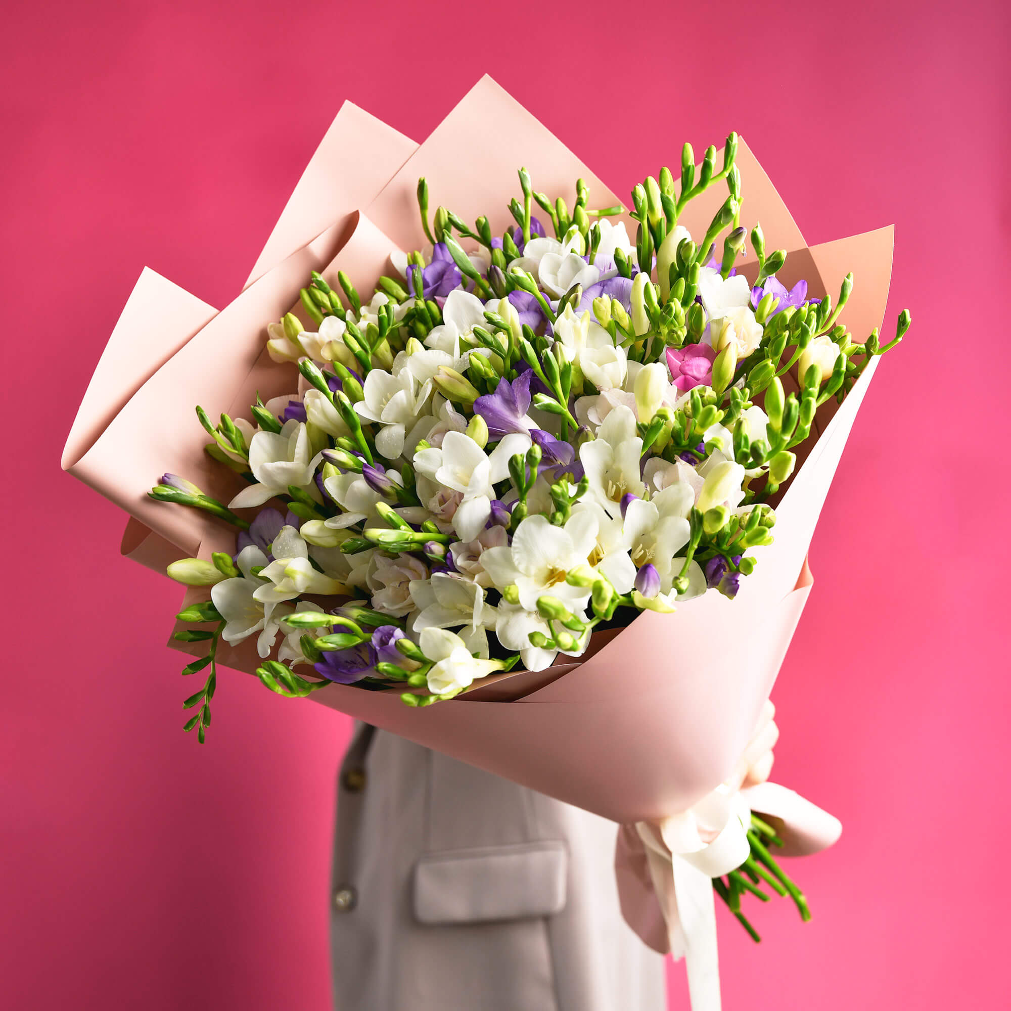 Flori de 1 Martie - California Flowers, Buchet 55 frezii multicolore, californiaflowers.mom