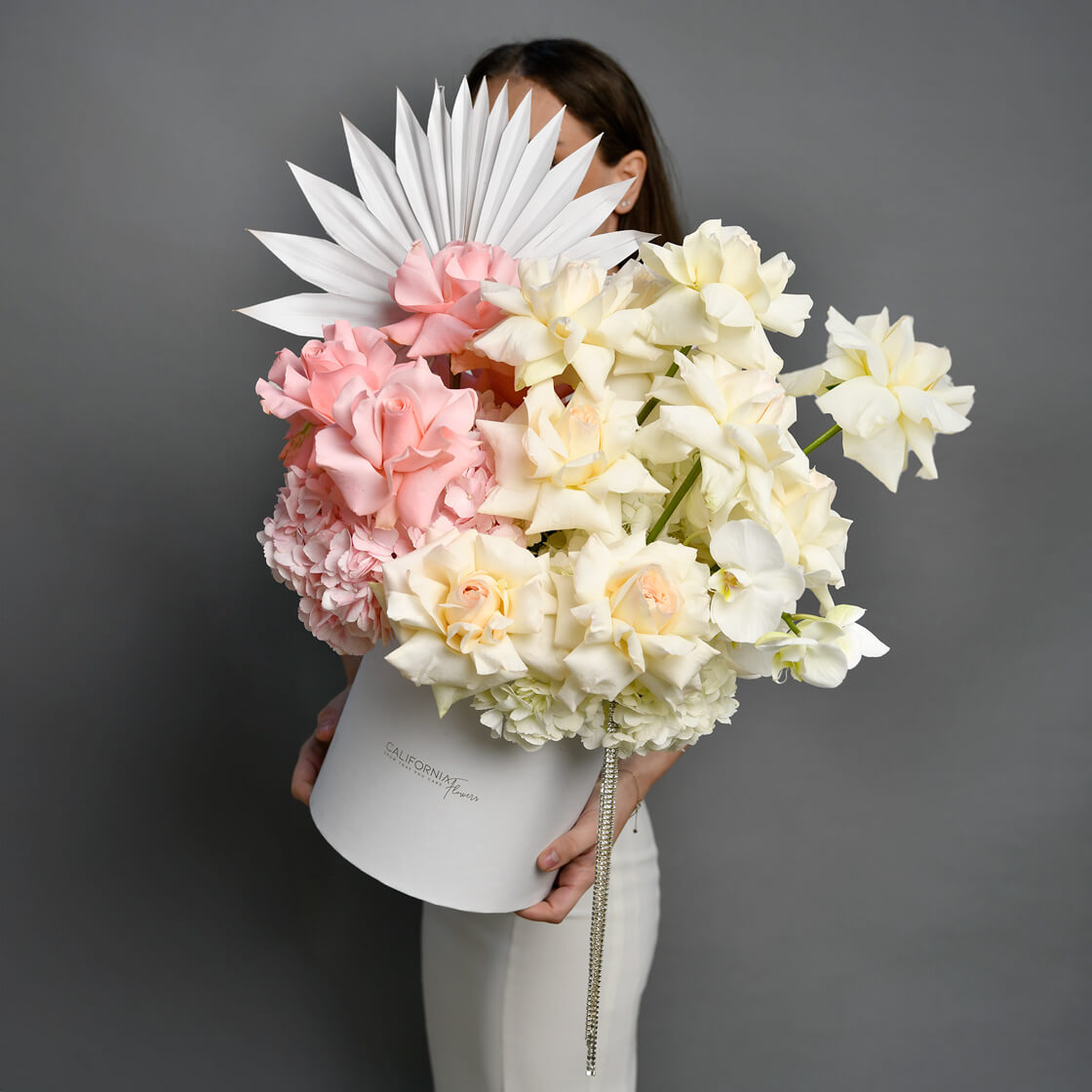 Flori de 8 Martie - California Flowers, Aranjament floral in cutie cu trandafiri si hortensie, californiaflowers.mom