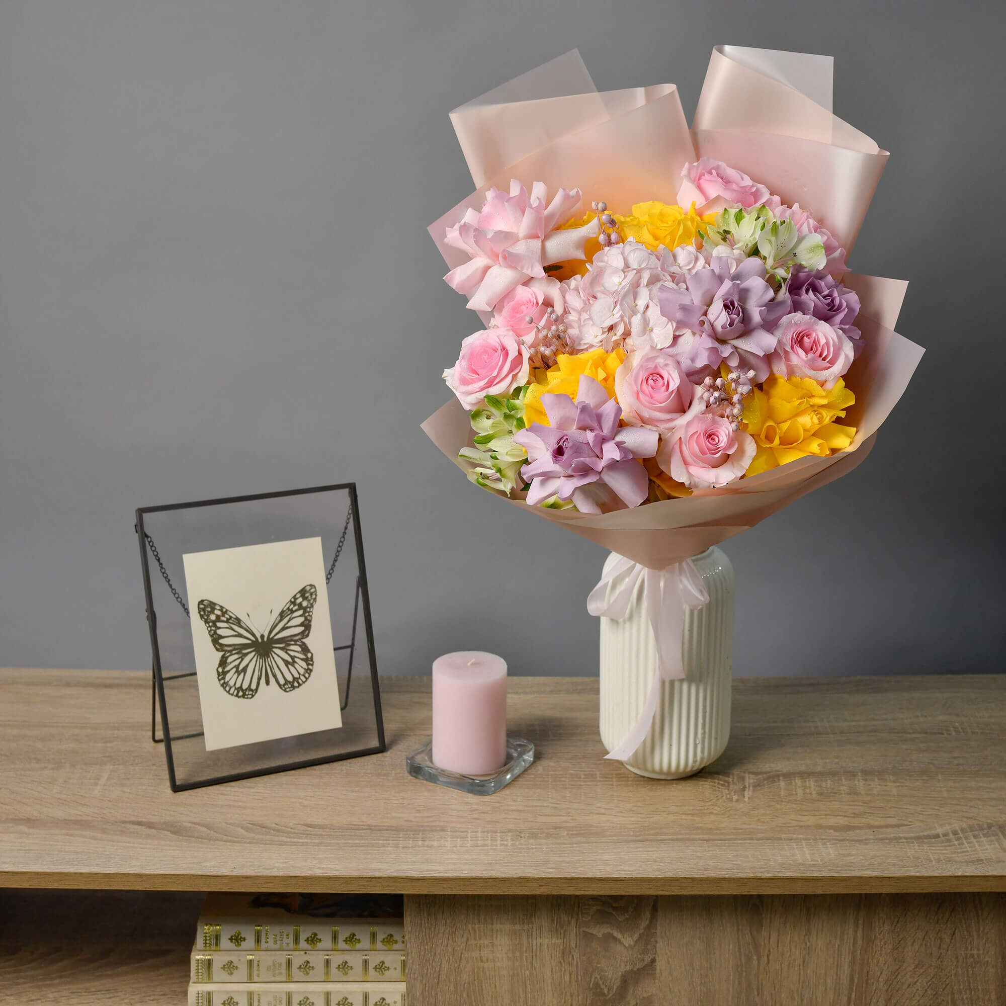 Buchet trandafiri roz, hortensie si alstroemeria, 3, californiaflowers.mom