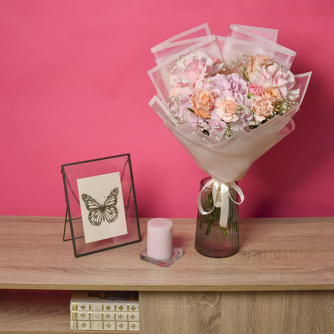 Buchet trandafiri speciali roz, gypsophilla si hortensie, 4, californiaflowers.mom
