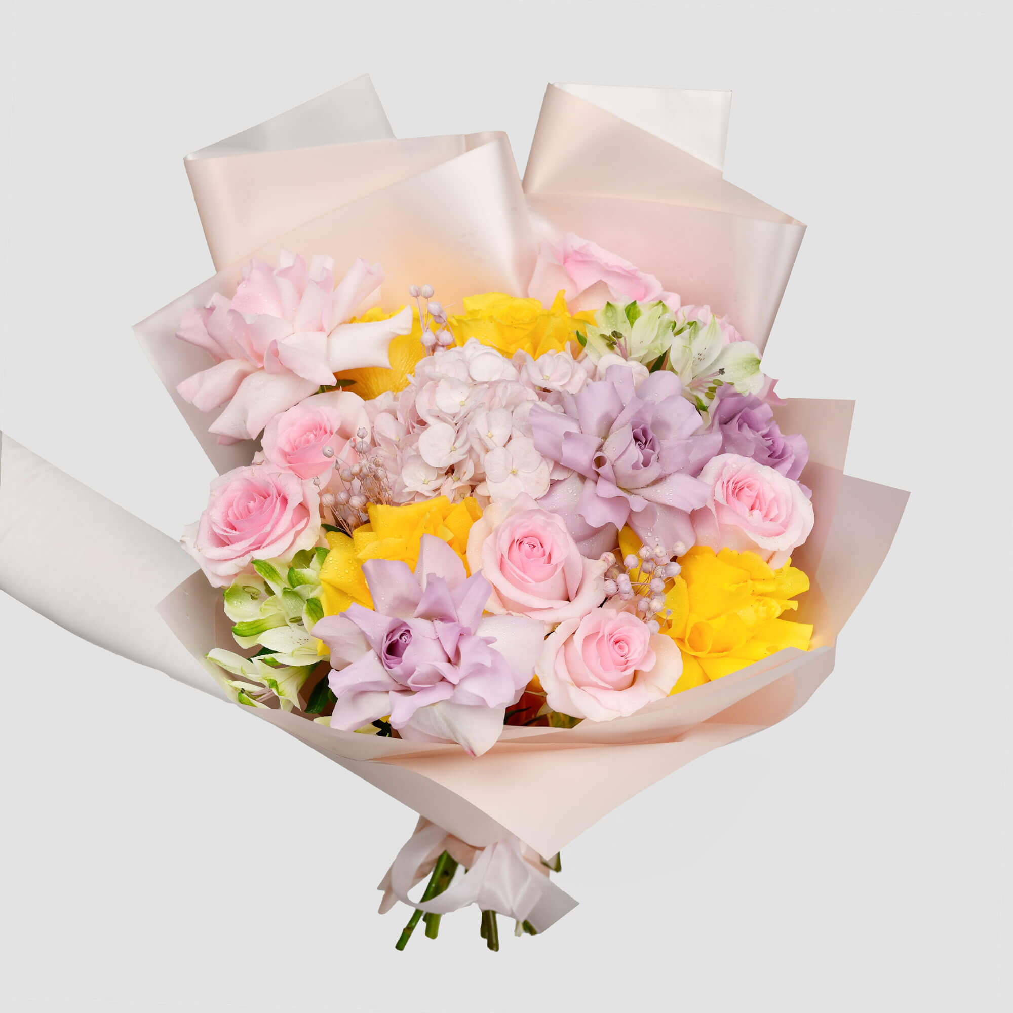 Flori de Paste - California Flowers, Buchet trandafiri roz, hortensie si alstroemeria, californiaflowers.mom