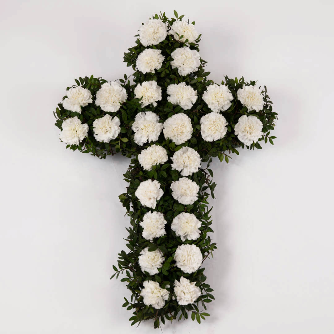 Coroane funerare, Cruce funerara cruce cu garoafe albe, californiaflowers.mom