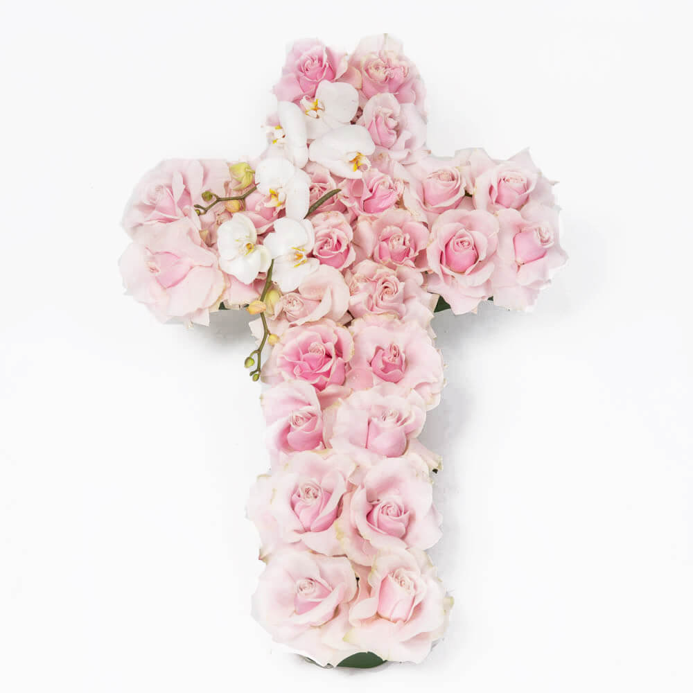 Produse, Aranjament floral funerar cruce cu trandafiri roz, californiaflowers.mom