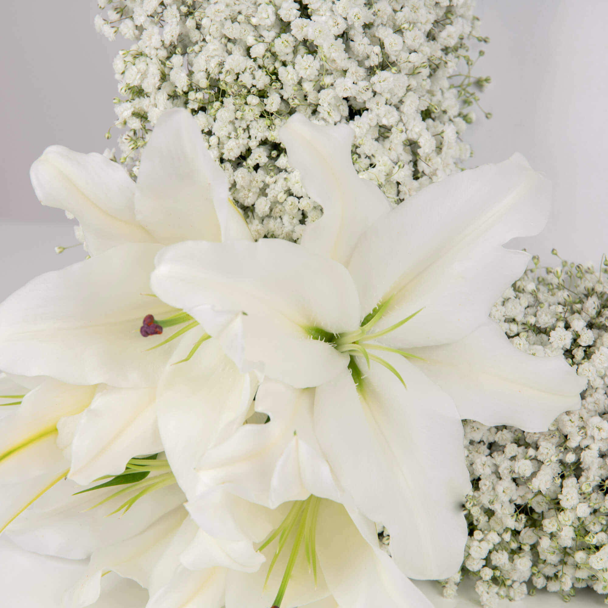 Coroane funerare, Aranjament floral funerar cu gypsophila si crini, californiaflowers.mom