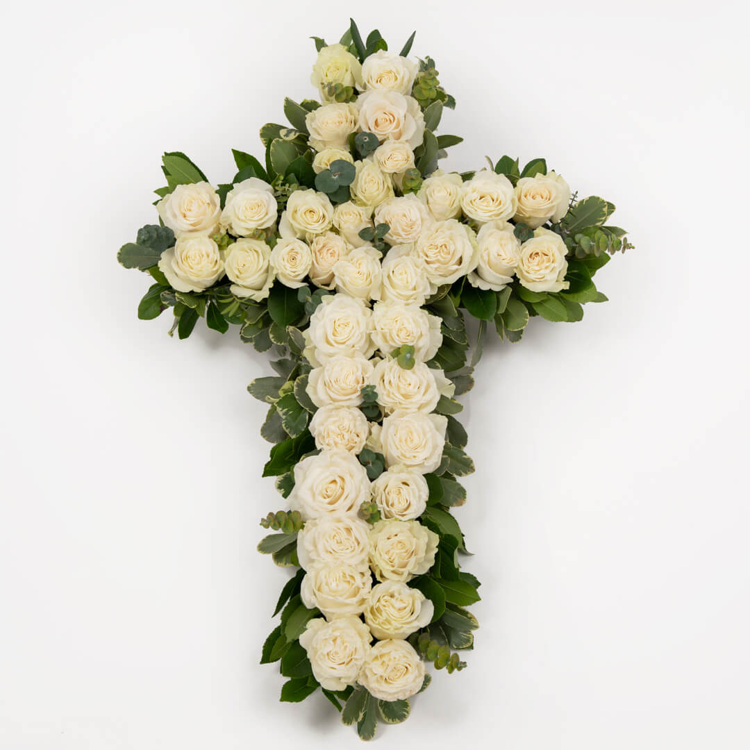 Produse, Aranjament floral funerar cruce cu trandafiri albi, californiaflowers.mom